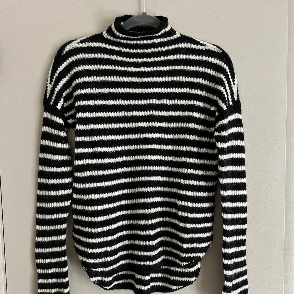 Black and White Striped Mock Neck Sweater